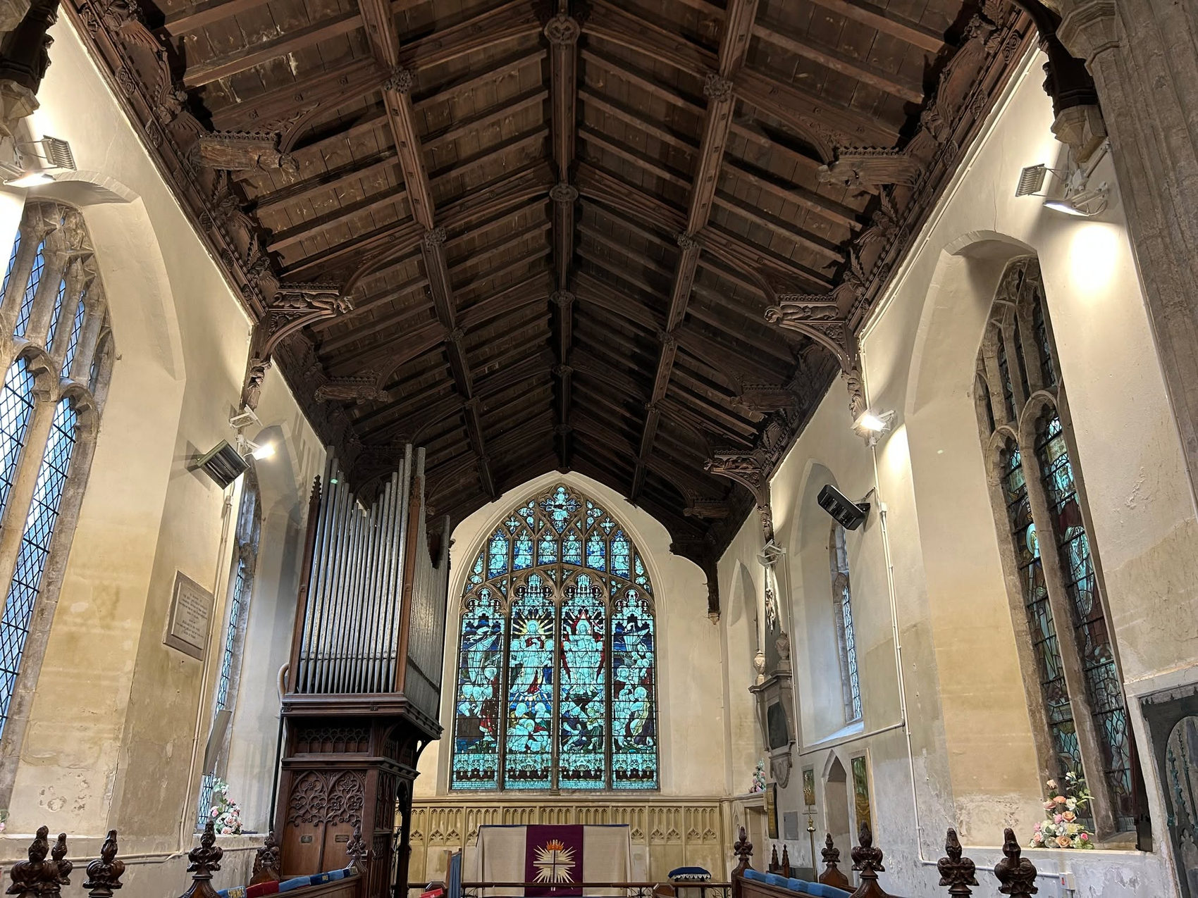 The carved angel roof at St Peters, Upwell, lit by Ferrie Electrical